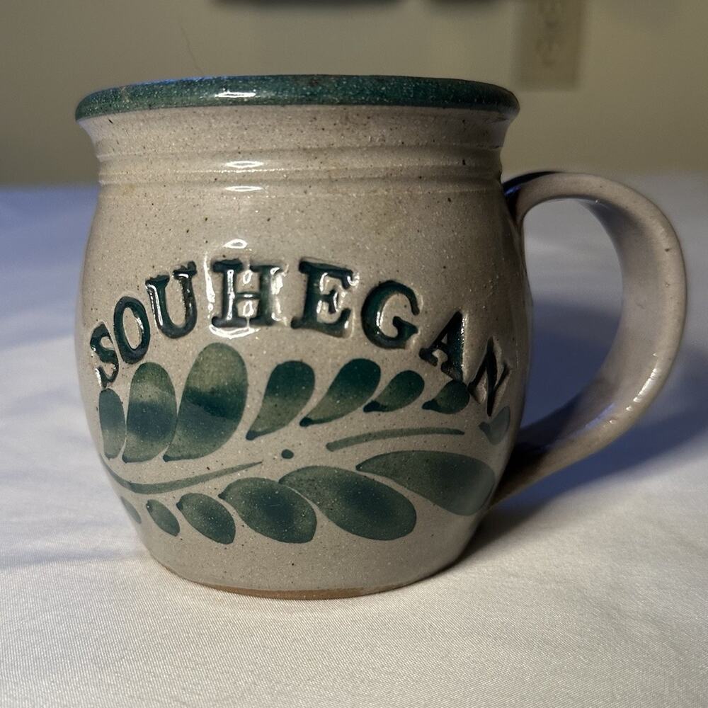 Vintage Souhegan NH Studio Pottery Mug Signed 99’ Green Glaze Fern Stoneware